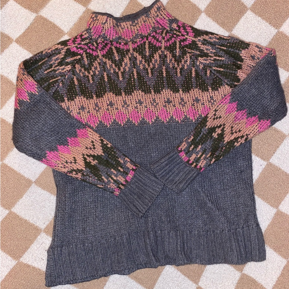 Anthropologie Josephine Mock Neck Gray and Pink Patterned Sweater